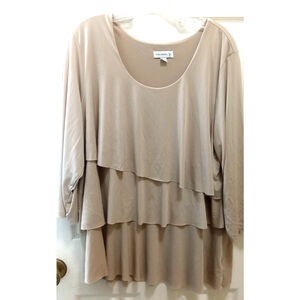 Susan Graver X-Large XL Top Layered Tiers 3/4 Sleeves Round Neck Stretch Beige